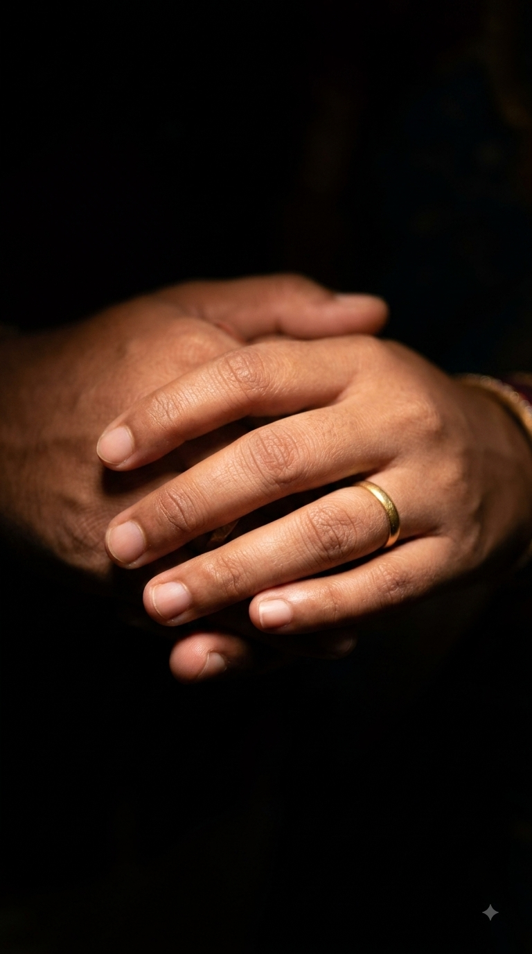 Their hands together with the wedding band