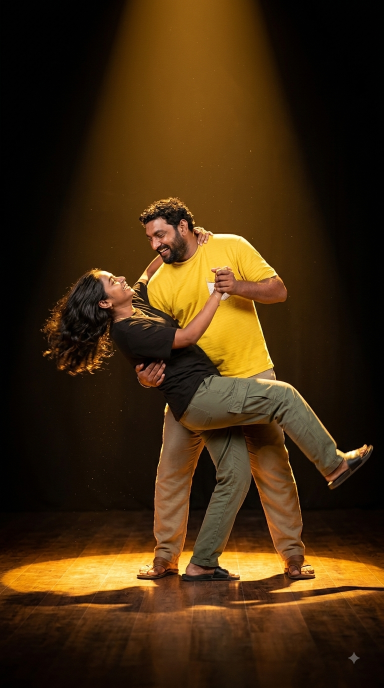 Dancing together under a warm spotlight